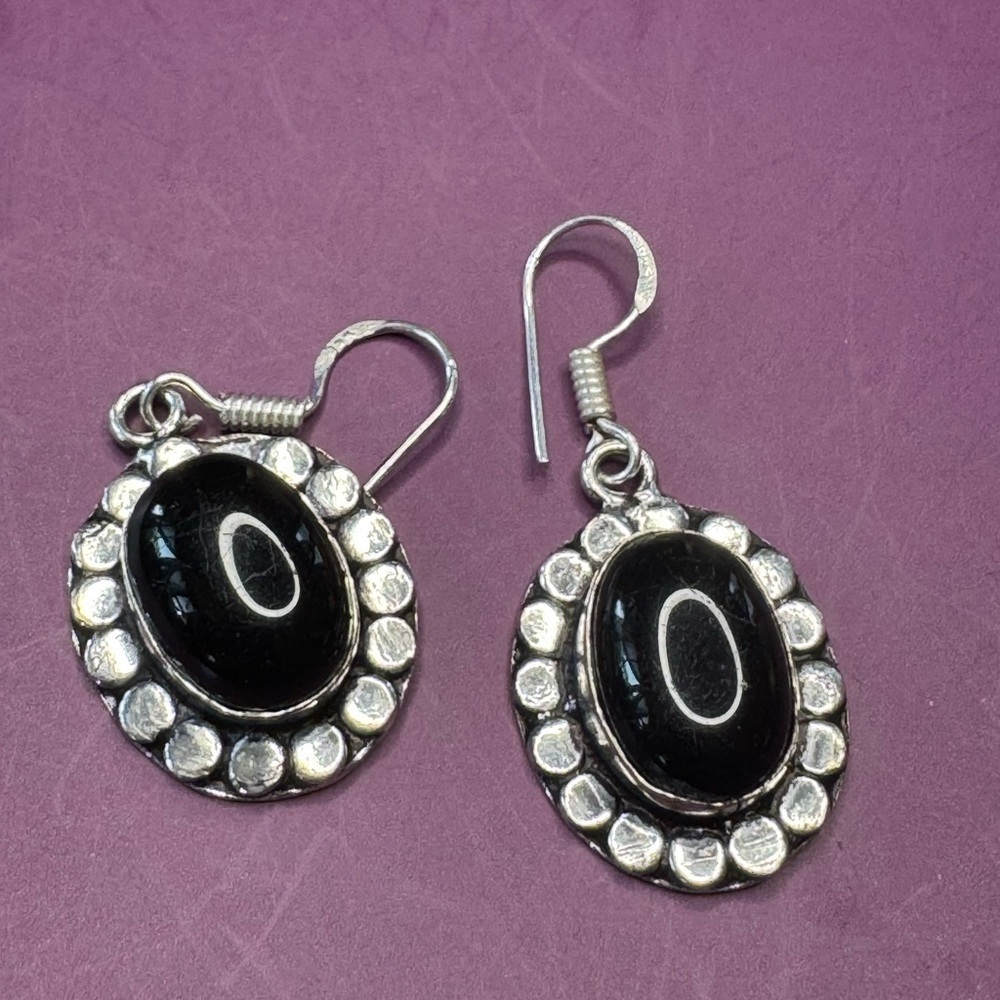 Black Onyx 925 Silver Plated Earrings 1.5"